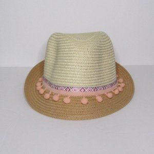 Women Straw Fedora Hat with Pink Pom Pom Trim